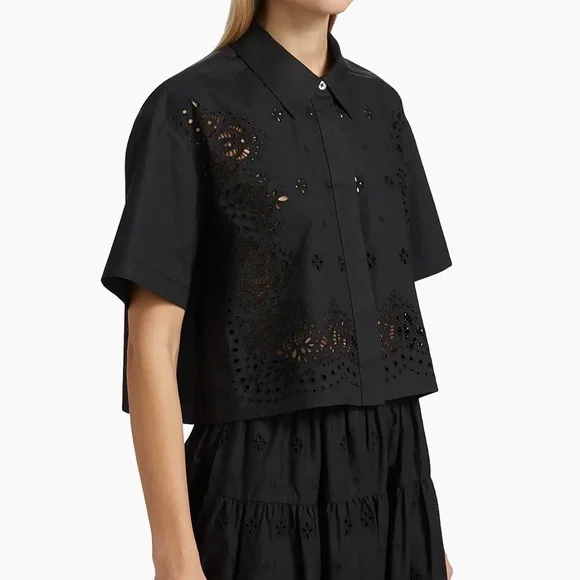 A.L.C Jade Black Cotton Eyelet Embroidered Short Sleeves Blouse Top size L - Picture 13 of 14